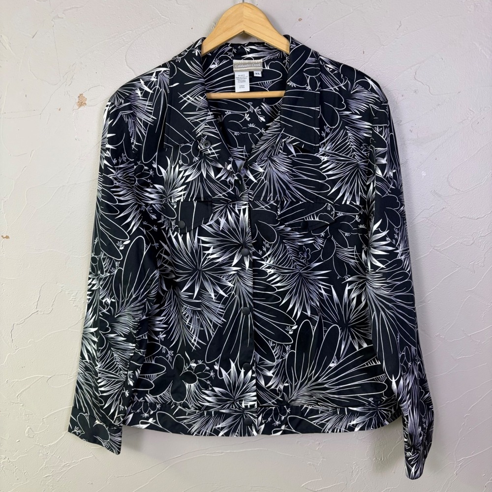 Vtg Coldwater Creek Jacket Women XL Black Floral Tropical Cotton Stretch Boxy